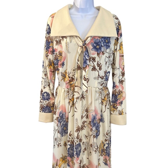 Vintage 70s Sears Fashions Floral Maxi Dress Tie Neck Prairie Boho - Picture 2 of 10